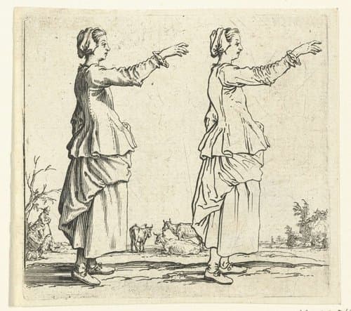 Tweemaal dezelfde boerin met opgeheven arm by Jacques Callot