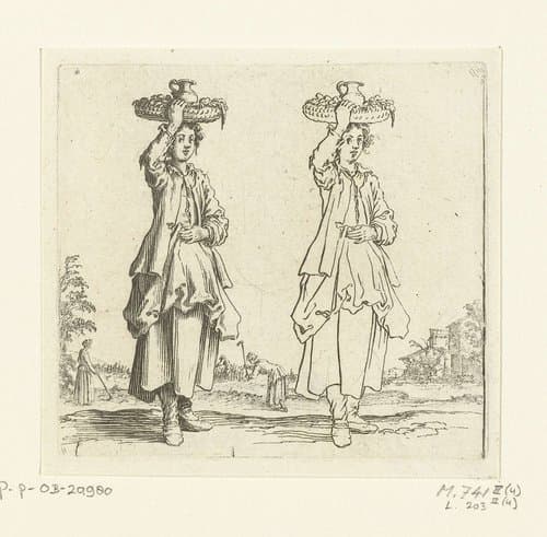 Tweemaal dezelfde boerin met rieten mand by Jacques Callot