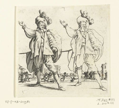 Tweemaal dezelfde soldaat met grote gepluimde hoed en opgeheven arm by Jacques Callot