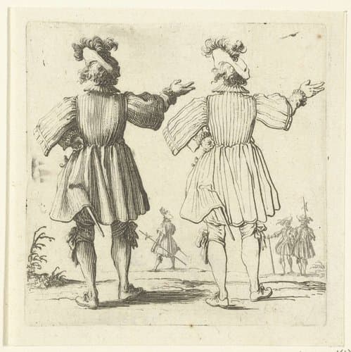 Tweemaal dezelfde soldaat met grote gepluimde hoed en opgeheven arm by Jacques Callot