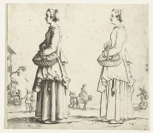 Tweemaal dezelfde boerin met rieten mand by Jacques Callot