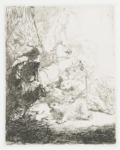 The small lion hunt (with two lions) by Rembrandt van Rijn