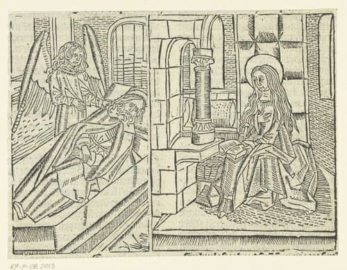 Engel verschijnt aan Jozef in een droom; Maria zittend met een boek by Master of Delft
