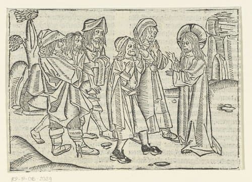 Christus geneest twee blinden en een bezeten man die niet kon spreken by Master of Delft