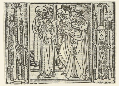 Christus in gesprek met Farizeeërs in de tempel by Master of Delft