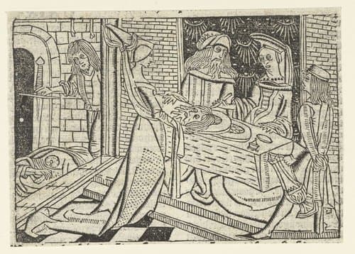 Salome brengt het hoofd van Johannes de Doper naar Herodias by Master of Delft