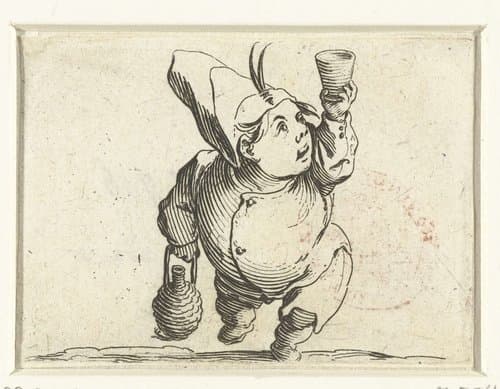 Kleine mens (karikatuur) met fles en glas by Jacques Callot