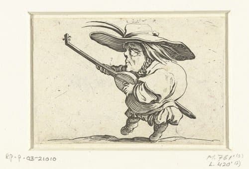 Kleine mens (karikatuur) met luit en zwaard by Jacques Callot