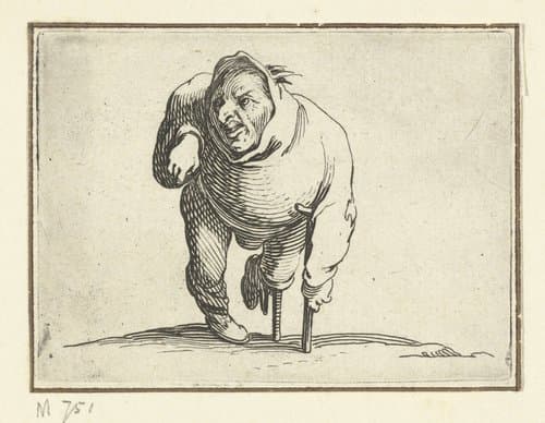 Kleine mens (karikatuur) met kruk en beensteun by Jacques Callot