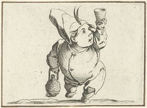 Kleine mens (karikatuur) met fles en glas by Jacques Callot