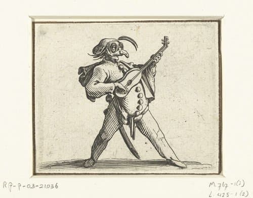 Commedia dell'arte-figuur met gitaar by Jacques Callot