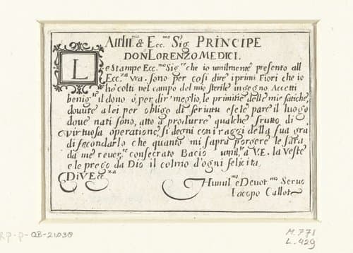 Opdracht aan Lorenzo de' Medici by Jacques Callot