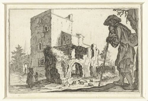 Man met tas en wandelstok bij ruïne by Jacques Callot