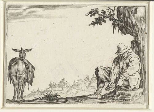 Zittende man met ezel by Jacques Callot