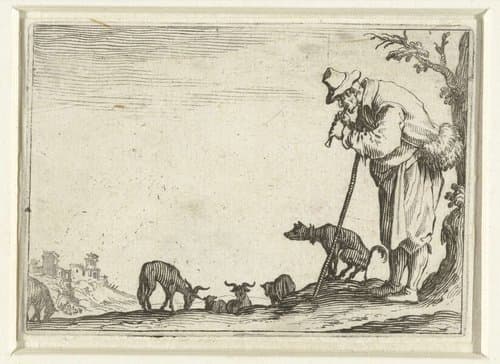 Fluitspelende man met tas, hond en geiten by Jacques Callot