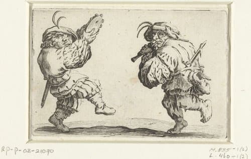 Dansende kleine mensen (karikaturen) met tamboerijn en fluit by Jacques Callot
