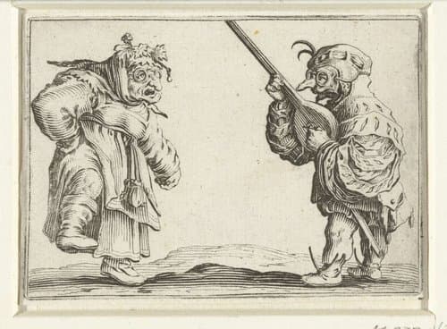 Dansende kleine mens (karikatuur) en luitspelende kleine mens (karikatuur) by Jacques Callot
