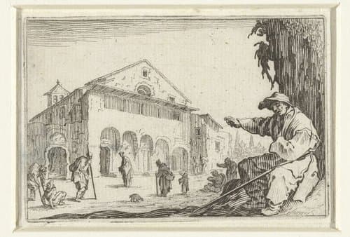 Man met wandelstok bij ziekenhuis by Jacques Callot