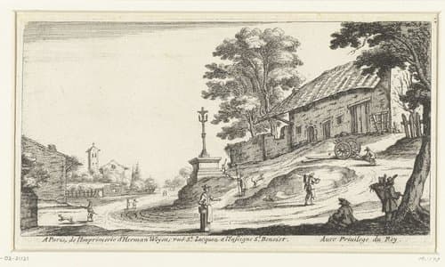 Landschap met een kruis aan een dorpsweg by François Collignon