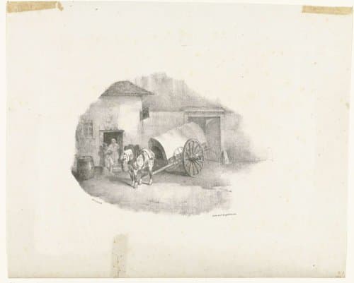 Paard en wagen voor een huis by Théodore Géricault