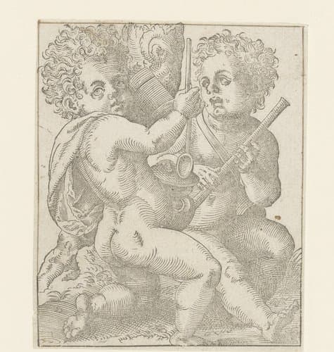 Twee putti spelen muziek by anonymous; Jost Amman