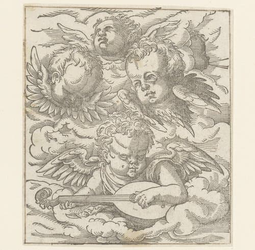Drie cherubijnen en een putto met een luit by anonymous; Jost Amman