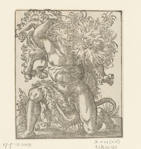 Hercules in gevecht met de Nemeïsche leeuw by anonymous; Jost Amman