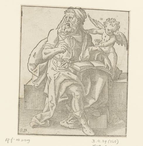 Evangelist Mattheüs schrijvend by Monogrammist GH (16e eeuw); Jost Amman