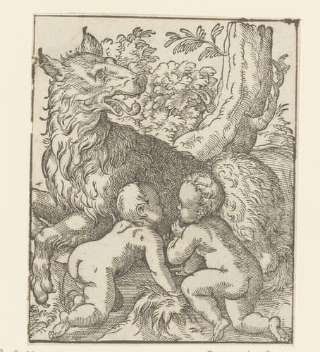 Romulus en Remus gezoogd door de wolvin by anonymous; Jost Amman