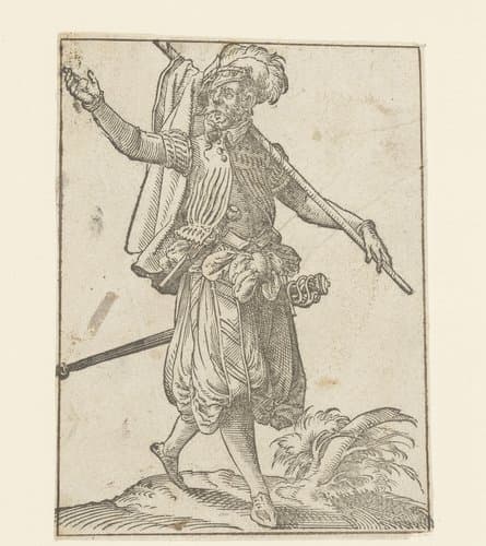 Landsknecht wandelend met zijn jas aan een stok in de hand by anonymous; Jost Amman