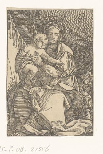 Heilige familie zittend onder een doek by anonymous; Hans Sebald Beham