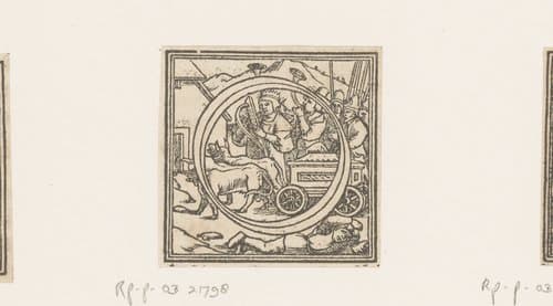 Letter O: David met harp vooraan een stoet by anonymous; Hans Holbein (II)