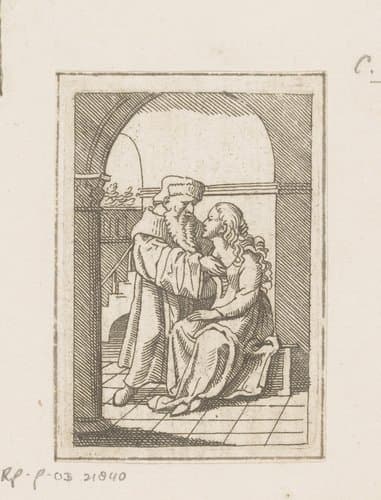 Oude gebaarde filosoof streelt de boezem van een jonge vrouw by Caspar Merian