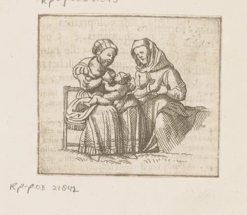 Dwaasheid als kind gezoogd door personificaties van dronkenheid en onwetendheid by Caspar Merian