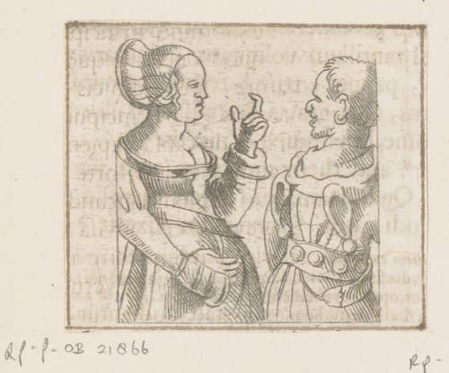 Nar draait zich om naar een gebarende vrouw by Caspar Merian