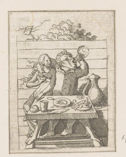 Drinkende man aan tafel met jonge vrouw by Caspar Merian