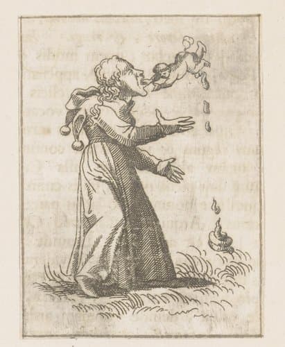 Dwaasheid staat op het punt de poepende ziel van Johannes Duns Scotus in te slikken by Caspar Merian