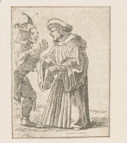 Theoloog in discussie met een nar by Caspar Merian