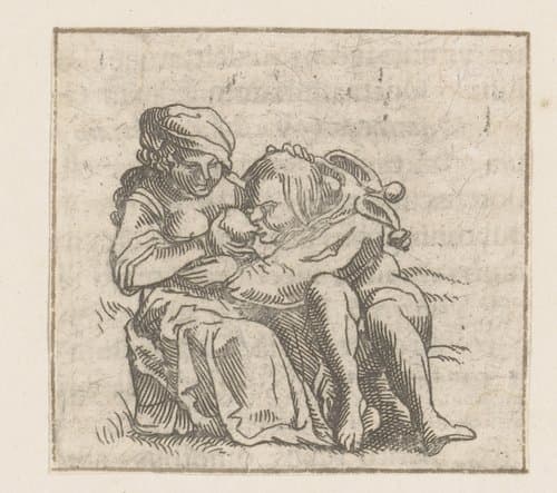 Vrouw geeft een halfnaakte nar de borst by Caspar Merian