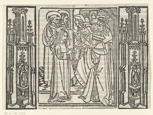 Christus in gesprek met Farizeeërs in de tempel by Master of Delft