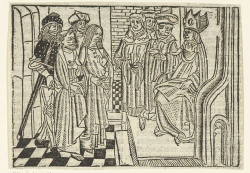 Petrus en Johannes de evangelist voor de hogepriester by Master of Delft