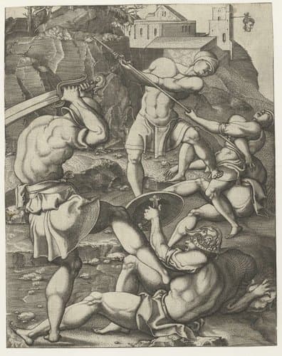 Gevecht tussen vijf romeinse soldaten by Monogrammist AC (16e eeuw)