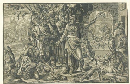 Nebukadnezar werpt de drie jongelingen in de vurige oven by Adriaen Thomasz. Key