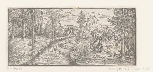 Landschap met jagers bij een rivier by Virgilius Solis