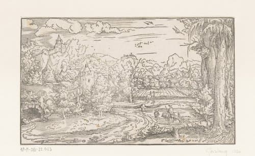 Landschap met de heilige Hieronymus en twee reizigers by Virgilius Solis