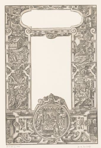 Ornamentlijst met rolwerk en vijf oudtestamentische scènes by Virgilius Solis; Sigmund Feyerabend