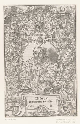 Portret van Ottheinrich von der Pfalz in een rolwerk omlijsting by Virgilius Solis