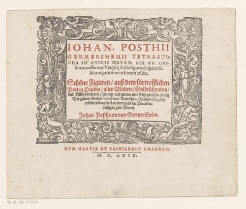 Titelpagina voor: Johannes Posthius, Tetrasticha in Ovidii metam, 1569 by Virgilius Solis