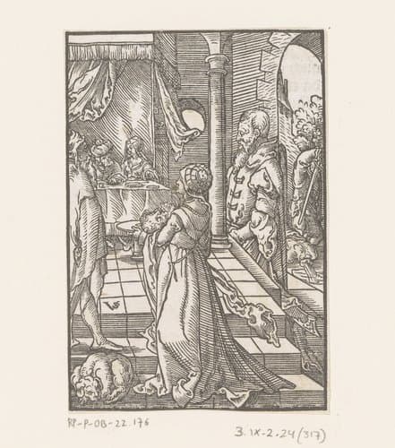 Salome brengt Herodias het hoofd van Johannes de Doper by Virgilius Solis