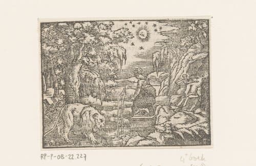 Thisbe vlucht voor de leeuwin bij de bron by anonymous; Virgilius Solis